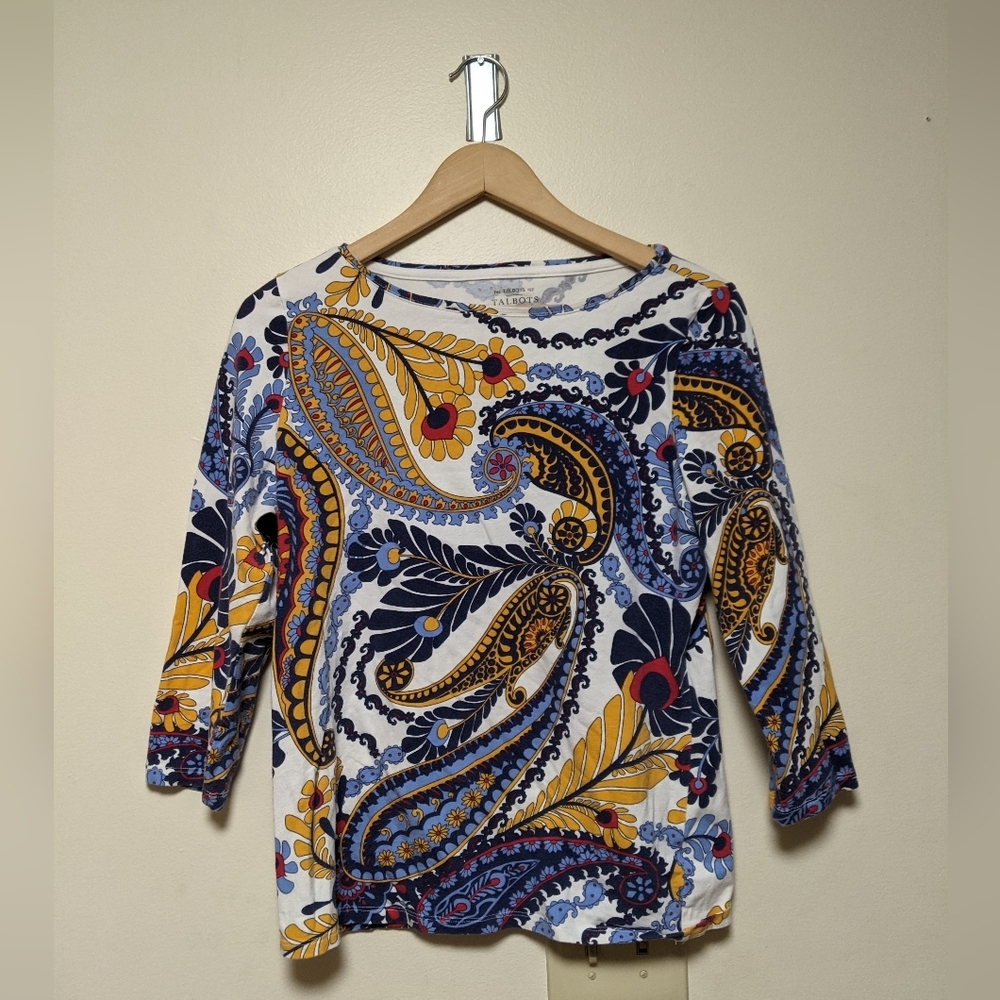 Talbots Blue and Yellow Graphic Blouse